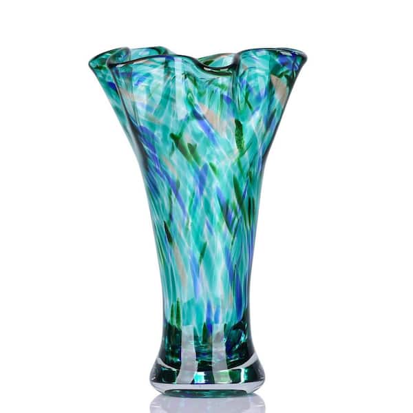9 in. Teal Glass Round Vases for Flowers, Unique Hand Blown Wide Mouth Decorative Vase