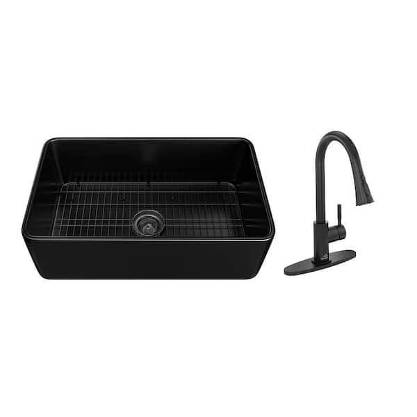 CASAINC Black Fireclay 30 in. Single Bowl Farmhouse Apron Kitchen Sink with Two-Function Pull Down Kitchen Faucet, 30 in. Matte Black Fireclay Kitchen