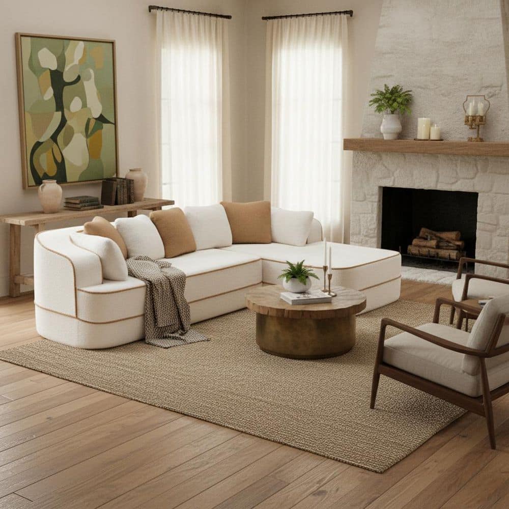 CRDY 106 in. Curved Arms 2-piece Teddy Velvet Fabric L-Shaped with Deep Cushions Sectional Sofa in Almond White price history on PriceWatchPro