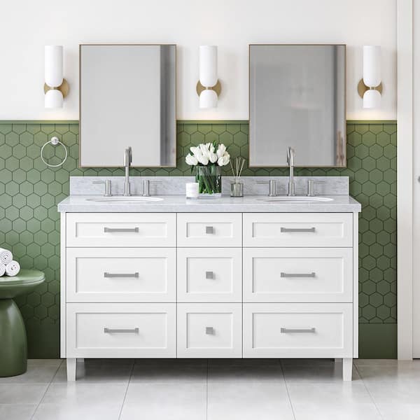 ARIEL Monroe 60 in. Double Sink Freestanding Bathroom Vanity in White with Carrara White Marble Top