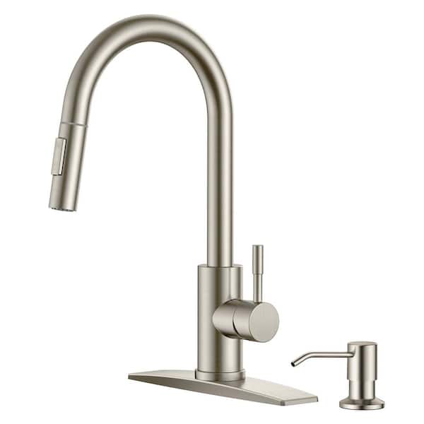 Forious pro Single Handle Pull Down Sprayer Kitchen Faucet with Deckplate and Soap Dispenser in Brushed Nickel