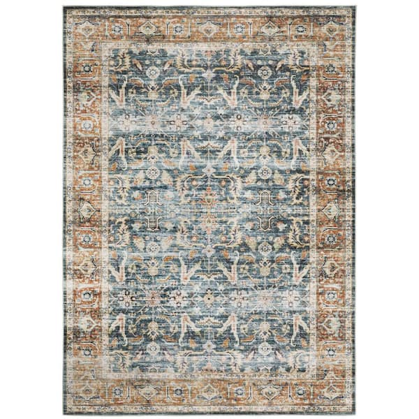 AVERLEY HOME Cascade Blue/Rust 4 ft. x 6 ft. Vintage Persian Polyester Machine Washable Indoor Area Rug
