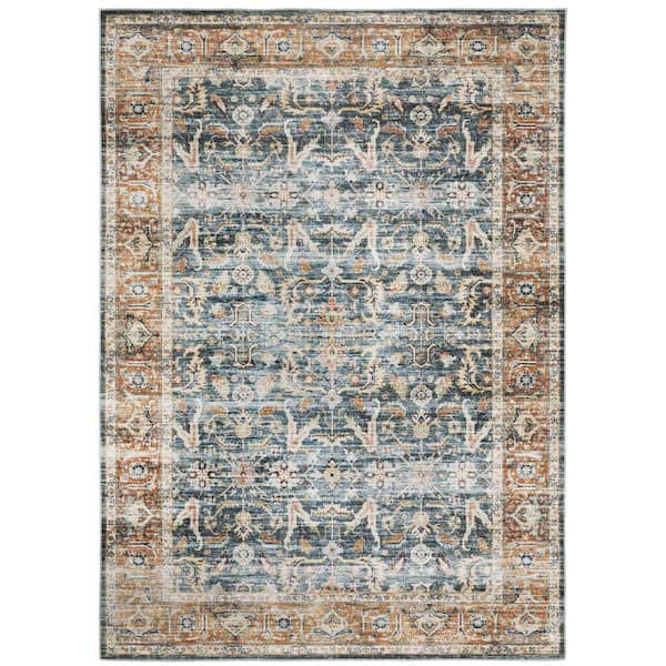 AVERLEY HOME Cascade Blue/Rust 5 ft. x 7 ft. Vintage Persian Polyester Machine Washable Indoor Area Rug