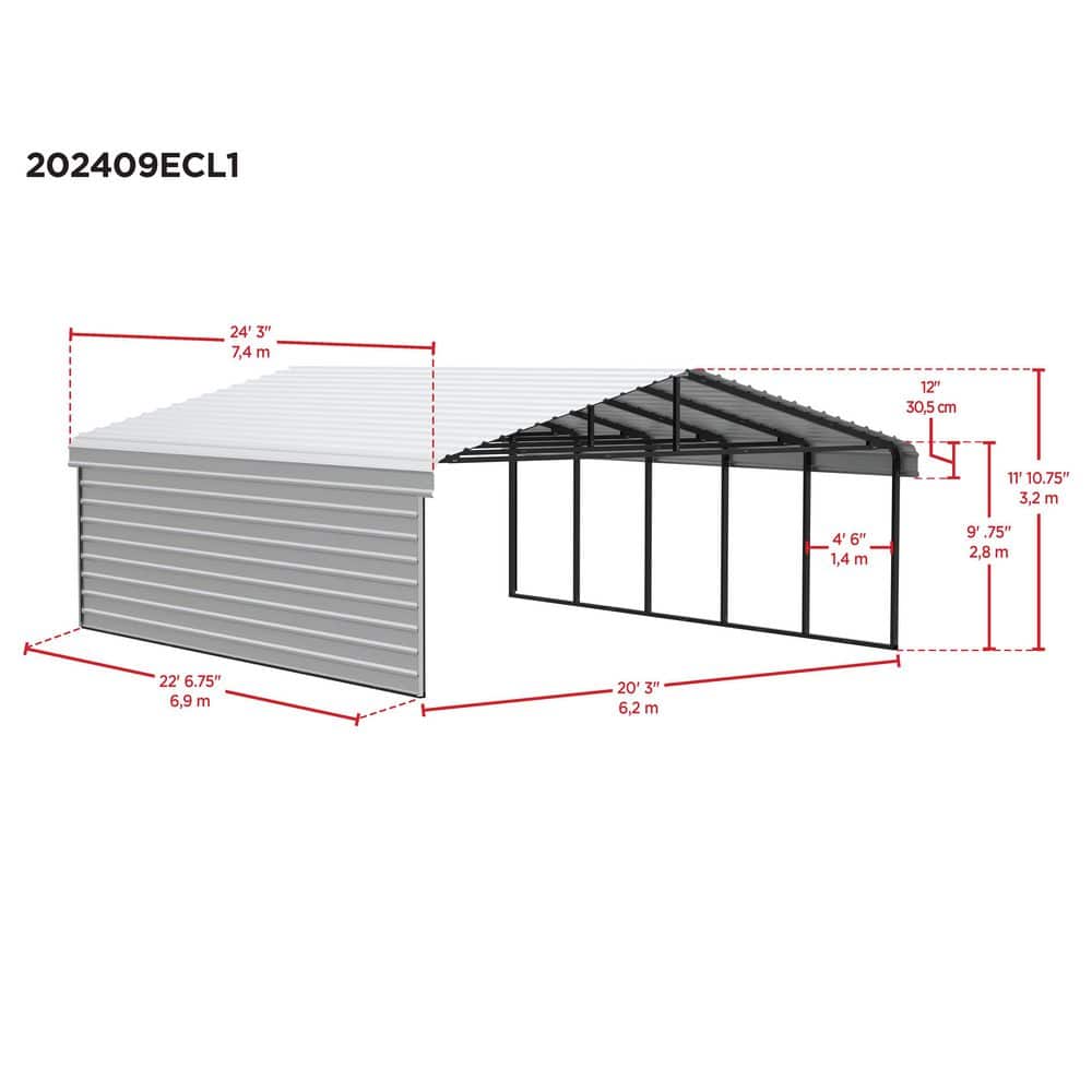 Charcoal Steel Carport Kit with 1-Sided Enclosure, 20' x 24'