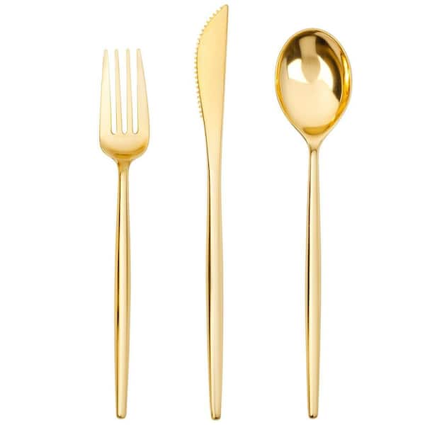 150 Piece Gold Plastic Silverware Set, Heavy Duty Disposable Utensils Includes Knives Forks and Spoons for Party