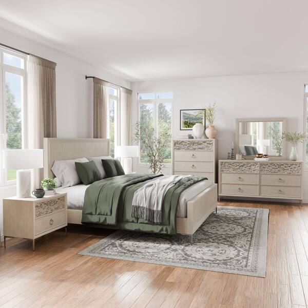 Jolt 6-Piece Natural Oak Wood Queen Bedroom Set with Dented Stainless Steel Accents