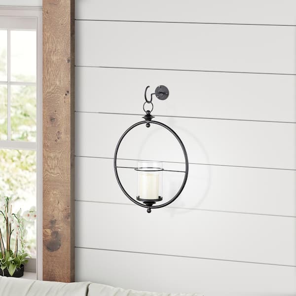 DANYA B Round Black Wrought Iron and Glass Hanging Hurricane