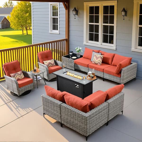 HOOOWOOO Howell 11-Piece Wicker Outdoor Furniture Patio Fire Pit Conversation Sofa Set with Swivel Chairs and Red Cushions