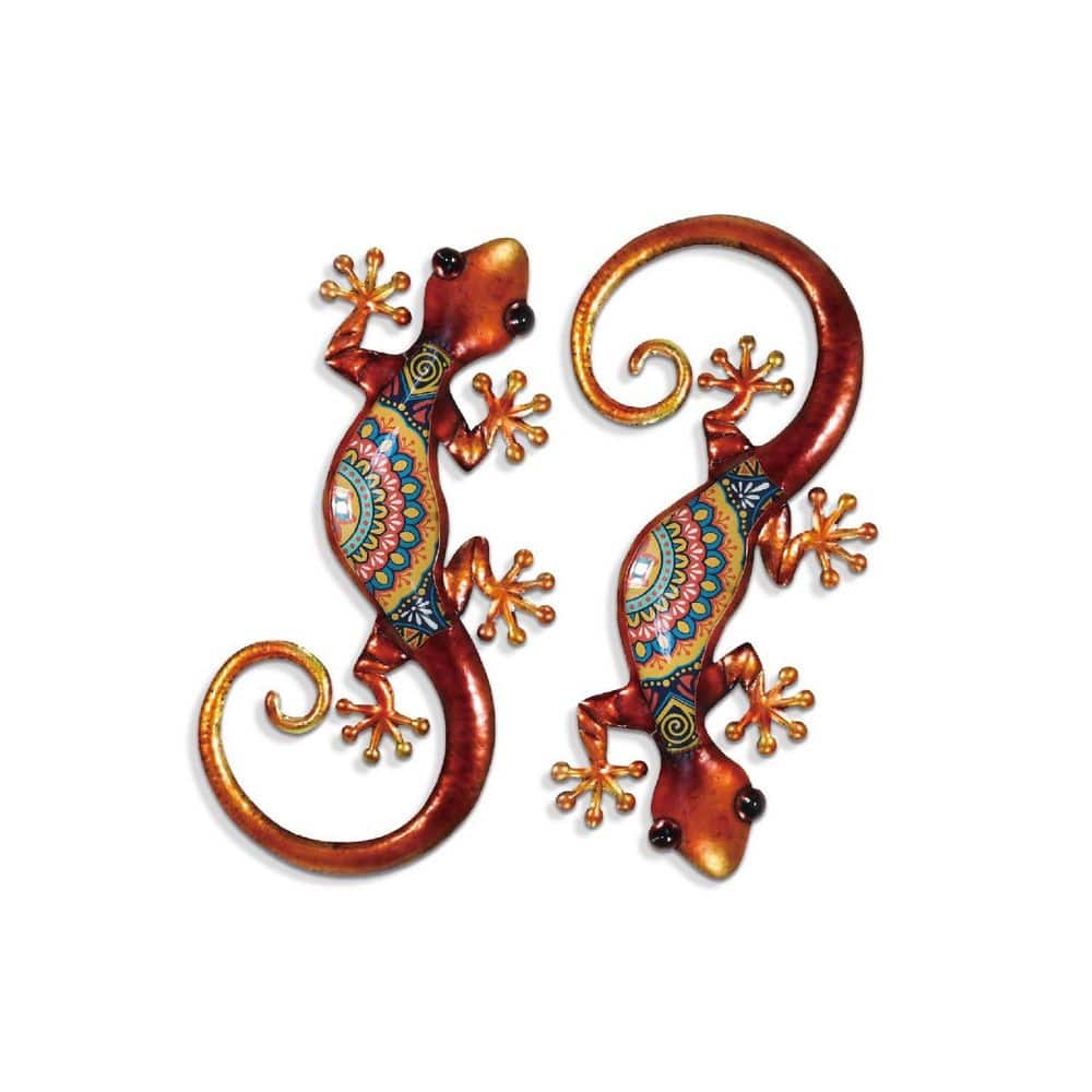 8 in. W x 15 in. H Orange Metal Outdoor Lizard 3D Wall Sculpture 2
