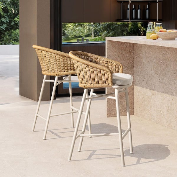 Santorini 28 in. Wicker Back Set of 2 Aluminum Outdoor Bar Stools with Cushions in Wheat Beige Axroma Olefin