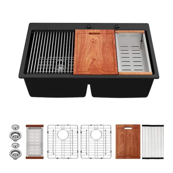 33 x 22 in. Matte Black Drop-in 50/50 Low Divide Double Bowl Quartz Composite Workstation Kitchen Sink with Accessories