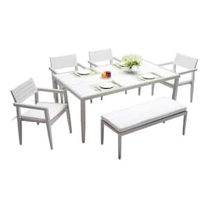 6-Piece Matte White Aluminum Outdoor Dining Set with Grayish Cushions and Umbrella Hole