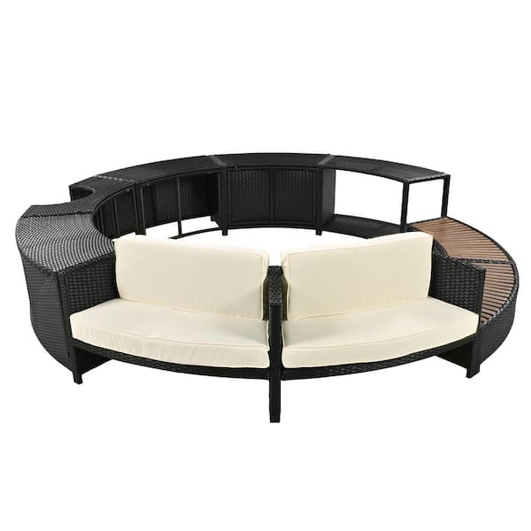 Boosicavelly Spa Surround Black Wicker Outdoor Sectional Set with Beige Cushions and Storage Spaces