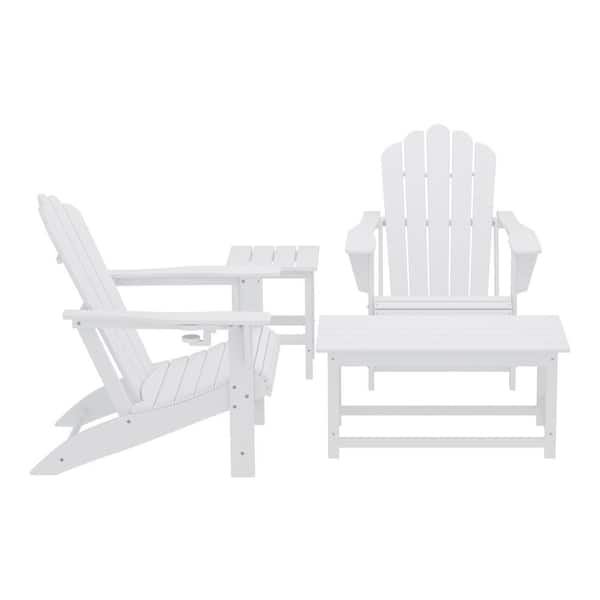 Aderson 4-Piece All Weather Outdoor Patio Plastic Adirondack Chairs with Cup Holders and Table Set in White