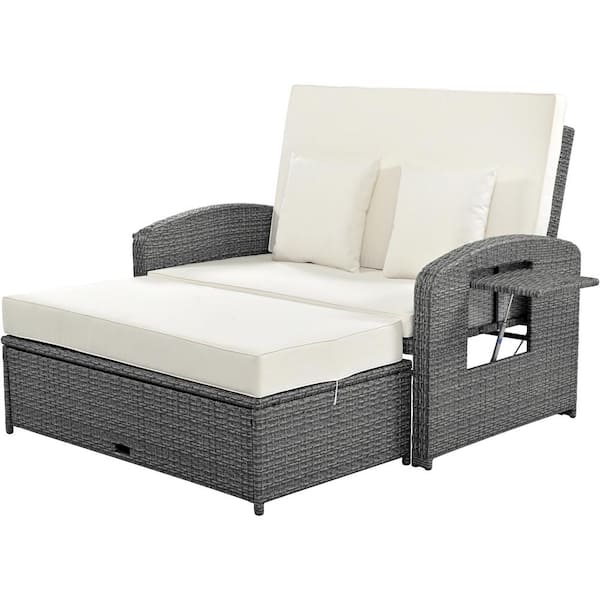 White PE Wicker Rattan Double Outdoor Chaise Lounge 2 Person Reclining Daybed with Adjustable Back and White Cushions