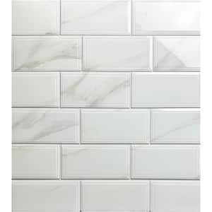 Tuscan Design Rectangle 4 in. x 8 in. Glossy Calacatta White Beveled Subway Glass Marble Wall Tile (4 sq. ft./Case)