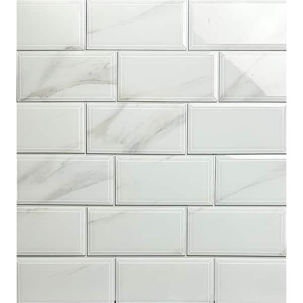 ABOLOS Tuscan Design Rectangle 4 in. x 8 in. Glossy Calacatta White Beveled Subway Glass Marble Wall Tile (4 sq. ft./Case)
