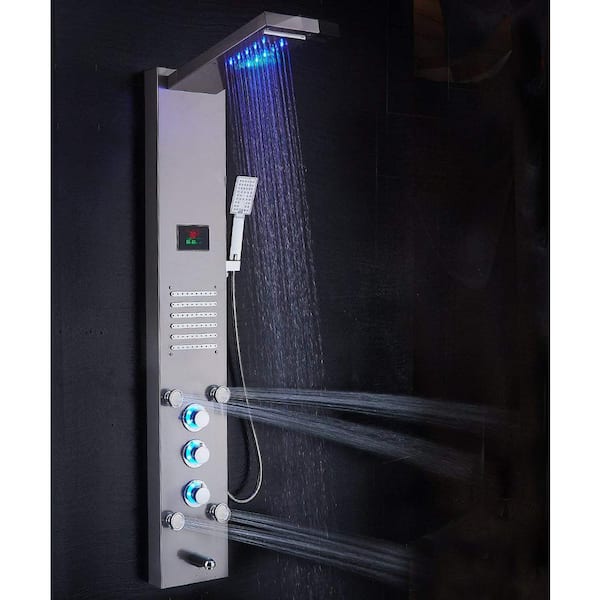 50 in. 10-Jet Shower Panel System in Brushed Nickel with LED Rainfall Waterfall Shower Head Hand shower and Tub Spout