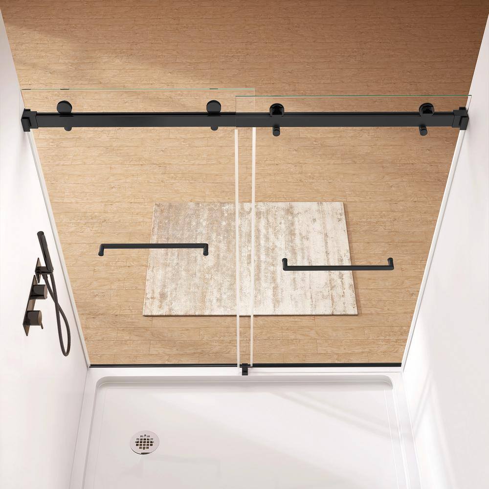 60-Inch Matte Black Frameless Sliding Shower Door with Clear Glass