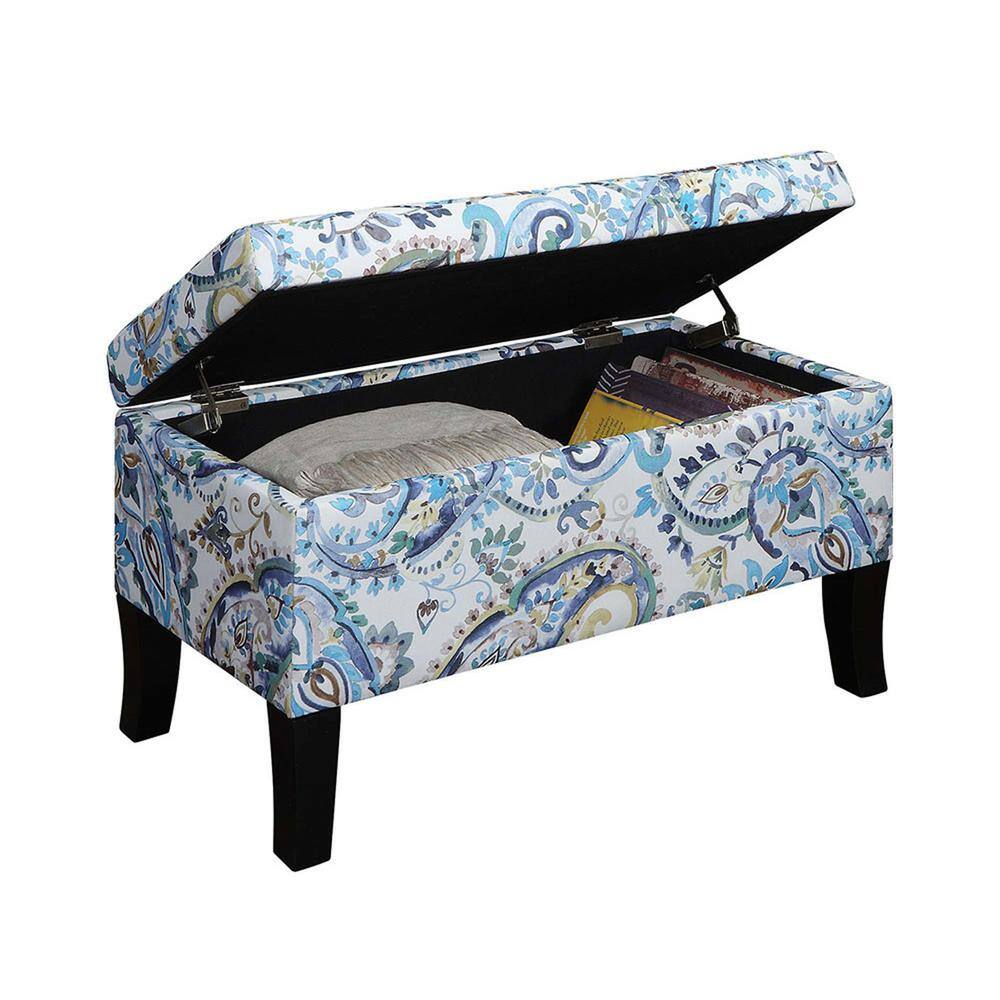 Paisley Fabric Storage Ottoman with Dark Rubberwood Legs