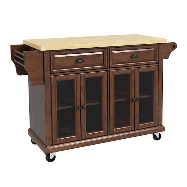 JAYDEN CREATION Lycurgus 51.2'' Wide Rolling Walnut Kitchen Island with Solid Wood Top