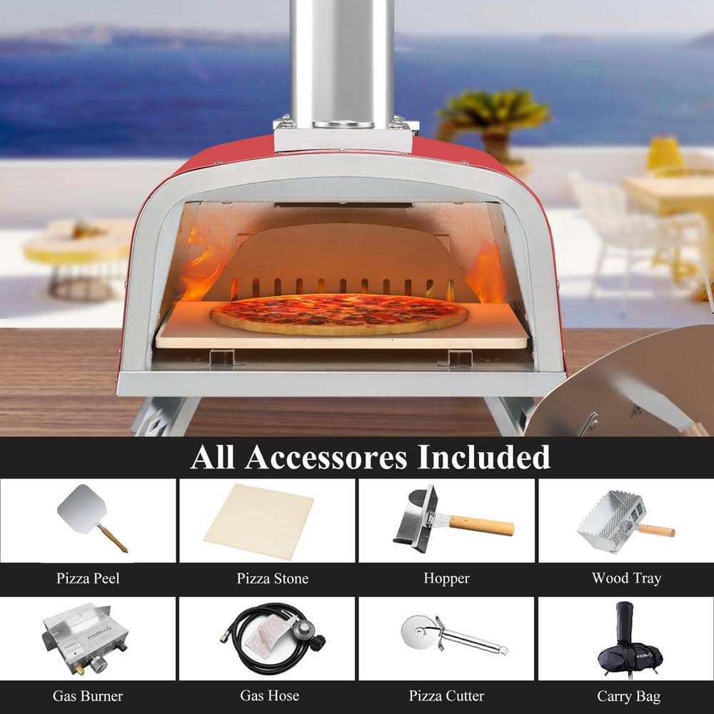 12" Red Stainless Steel Outdoor Gas and Wood Pizza Oven