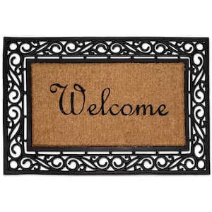 Welcome Brown 24 in. W x 36 in. L Rubber Moulded Brush Coir Door Mat with Scroll Border