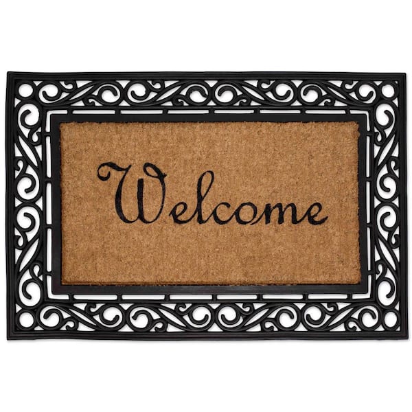 BirdRock Home Welcome Brown 24 in. W x 36 in. L Rubber Moulded Brush Coir Door Mat with Scroll Border