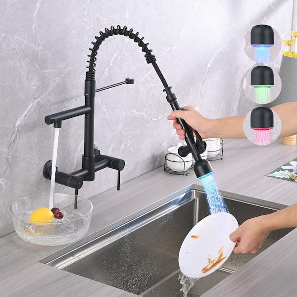 YASINU Double Handle Pull Down Sprayer Kitchen Faucet with High Pressure LED 8 in. Kitchen Sink Faucet in Matte Black