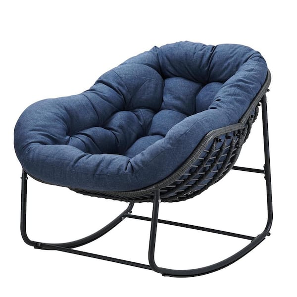 Sudzendf 1-Piece Metal Rattan Outdoor Rocking Chair Rocker Recliner Chair with Navy Blue Cushion