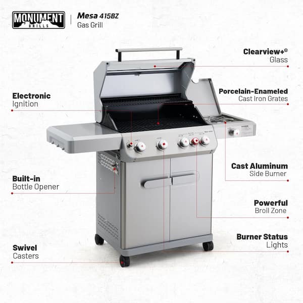 Mesa 4-Burner Propane Gas Grill in Stainless Steel w/Broil Zone, Clear View Lid Side Burner LED Controls and Grill Cover