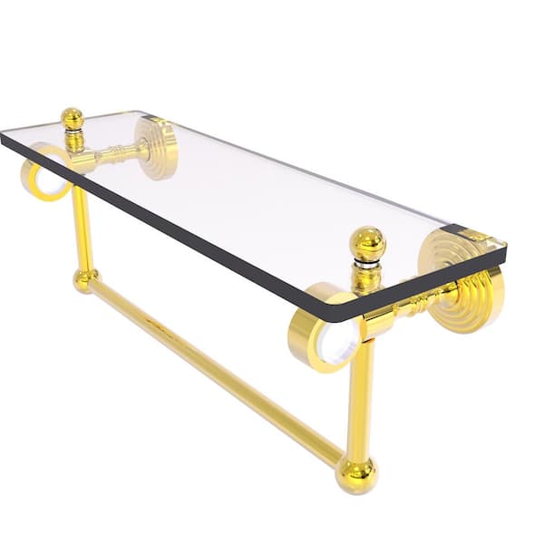 Allied Brass Pacific Grove 16 in. W 6.4 in. H x 5.13 in. D Glass Rectangular Shelf in Polished Brass with Towel Bar