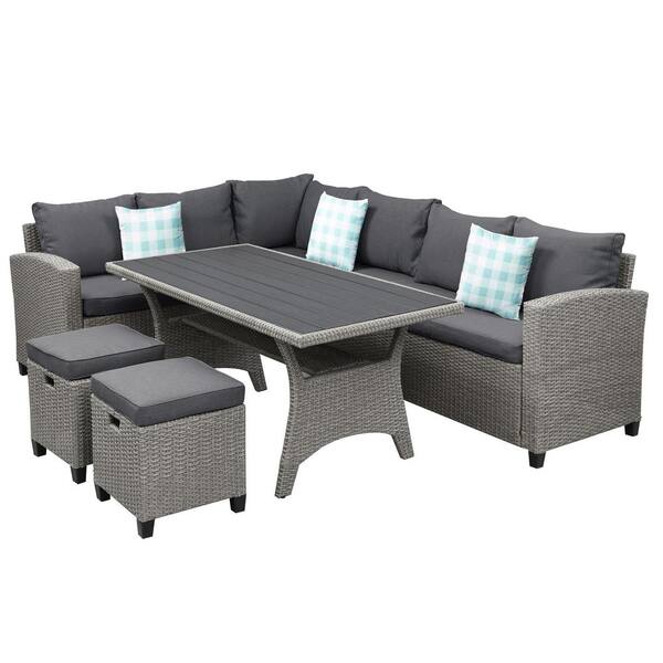 FORCLOVER Gray 5-Piece Wicker Outdoor Dining Set with Gray Cushions and 2 Ottomans(Pillows Included)