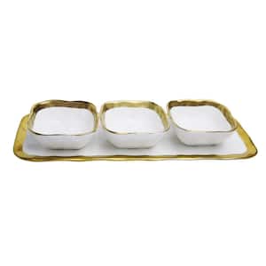 White Porcelain Relish Dish with 3 Square Bowls with Gold Trim