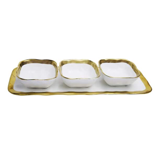 C T Classic Touch White Porcelain Relish Dish with 3 Square Bowls with Gold Trim