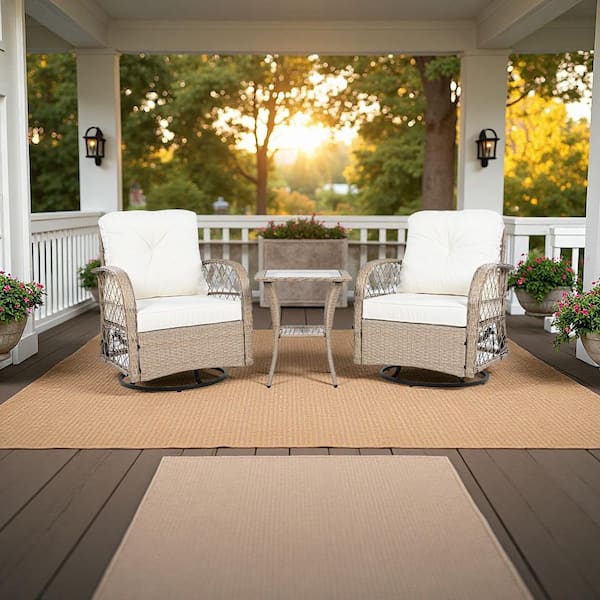 Unbranded 3-Piece Wicker Rattan Patio Conversation Set, Bistro Set with White Cushions, 2 Swivel Chairs and Square Table