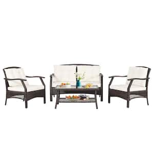 4-Pieces Wicker Outdoor Patio Conversation Set with Off white Cushions and Protective Cover