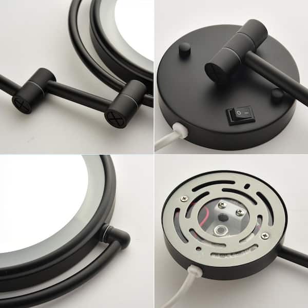 13.5 in. x 8 in. Double-Sided Magnifying Retractable Mirror Wall-Mount LED Makeup Bathroom Makeup Mirror in Black