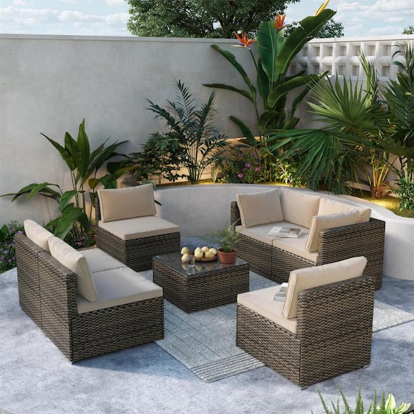 LQOFZ Dark Brown 7-Piece PE Wicker Patio Conversation Set with Light Brown Cushions