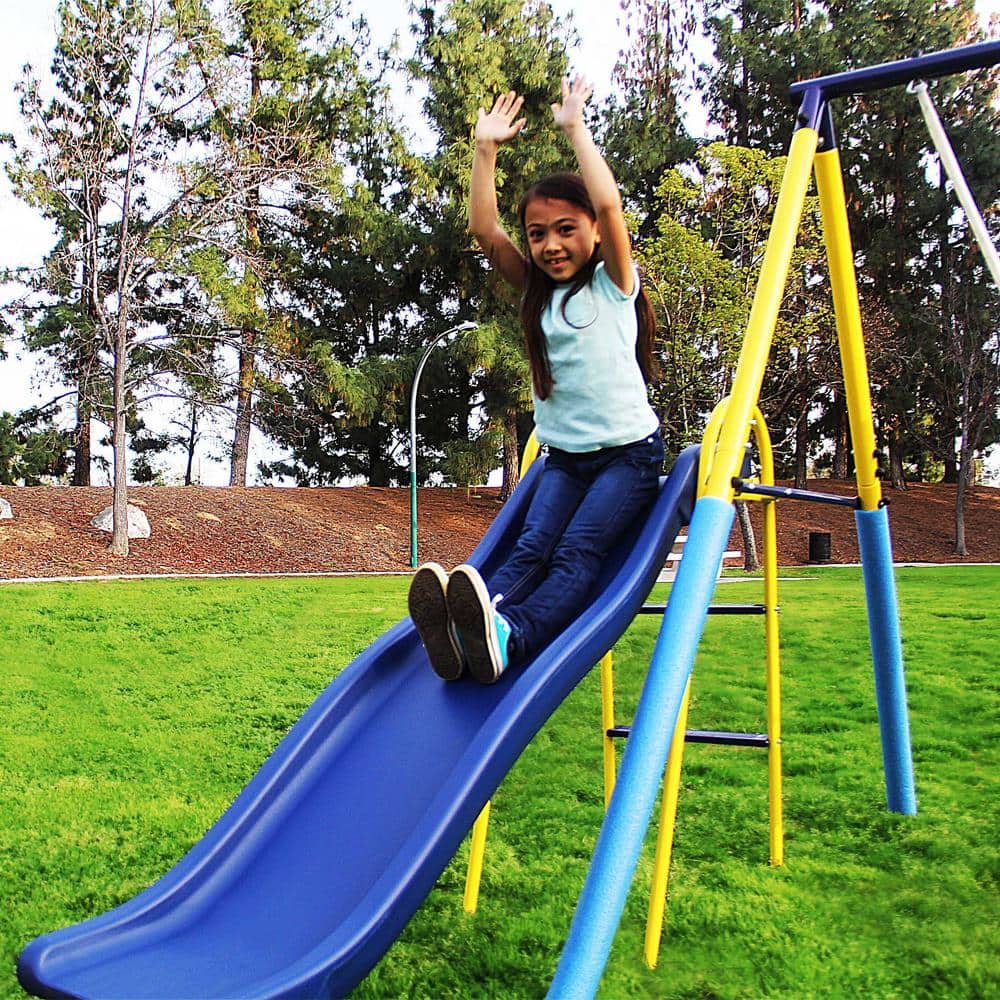 Sportspower Blue and Yellow Metal Swing Set with Slide and Teeter-Totter
