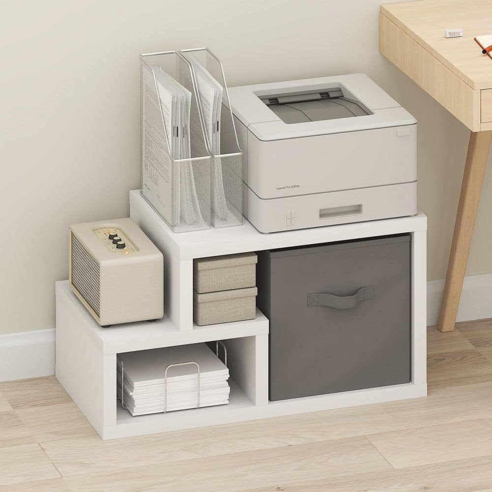 Viola 16.06 in. Tall White/Light Grey Wood 2-Shelf Standard Bookcase with Storage Bin