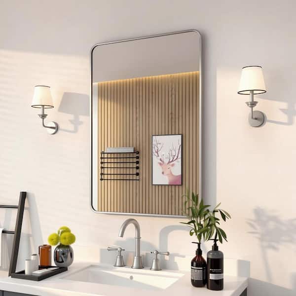 24 in. W x 36 in. H Rectangular Framed Wall Bathroom Vanity Mirror in Brushed Nickel