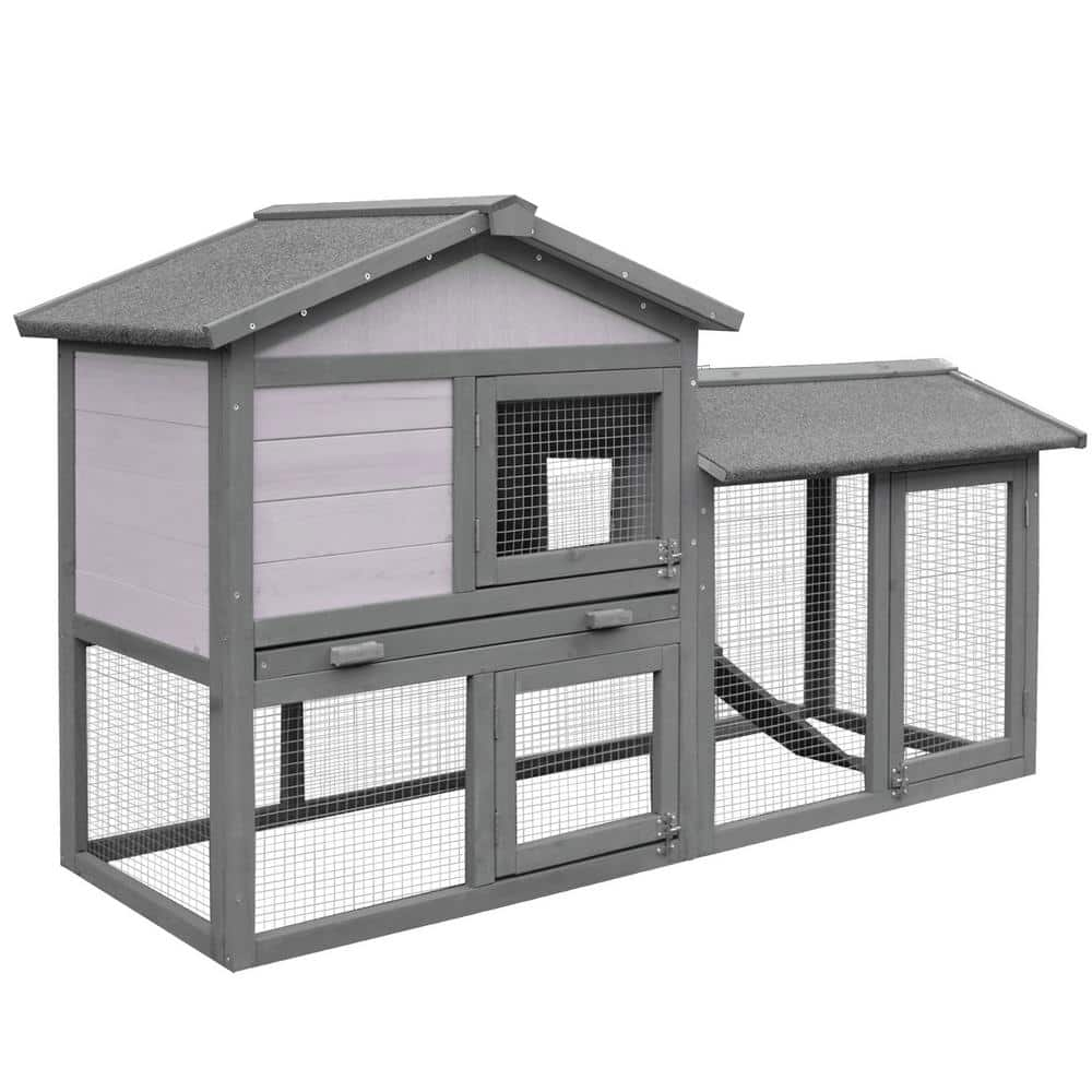 PawHut Grey Wooden Small Animal Cage with Waterproof Roof and Ramp D51 ...