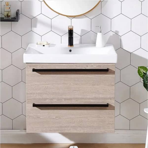 VAPSINT 30 in. W x 18 in. D x 26 in. H Floating Bathroom Vanity in Gray Wood Grain with White Ceramic Sink