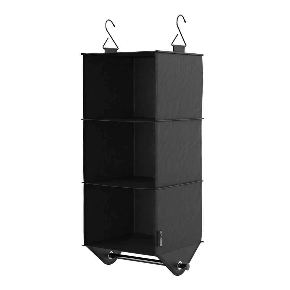 Basics Expandable Metal Hanging Storage Organizer Rack Wardrobe with  Shelves, Black, 57''- 80''L x 14''W x 72''H