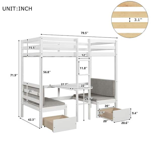 white multifunctional bunk bed with desk