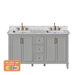 Grayson 61 in. W x 22 in. D x 35 in. H Double Sink Freestanding Bath Vanity in Gray with White Marble Top