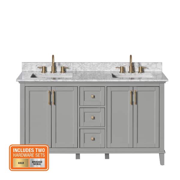 Grayson 61 in. Double Sink Gray Bath Vanity with White Marble Top (Assembled)