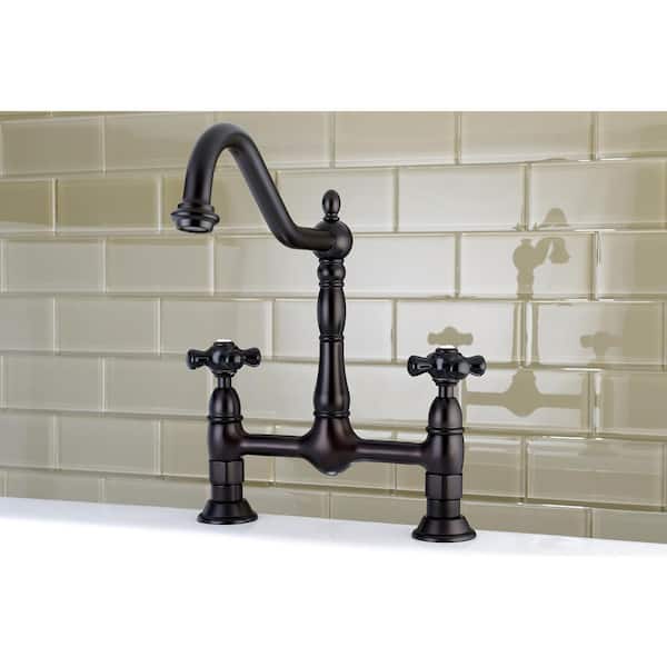 Duchess 2-Handle Bridge Kitchen Faucet with Black Porcelain Cross Handles in Oil Rubbed Bronze