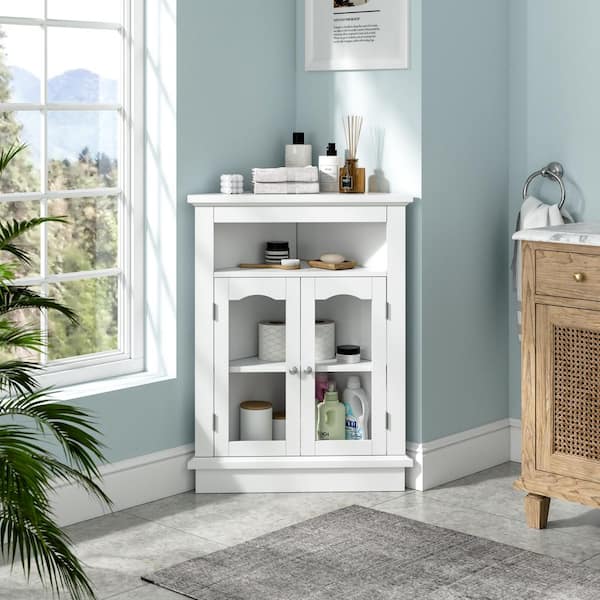 Space-Saving Corner Bathroom Storage Cabinet, 32.28 in. Freestanding Linen Tower with Shelves and Double Doors, White